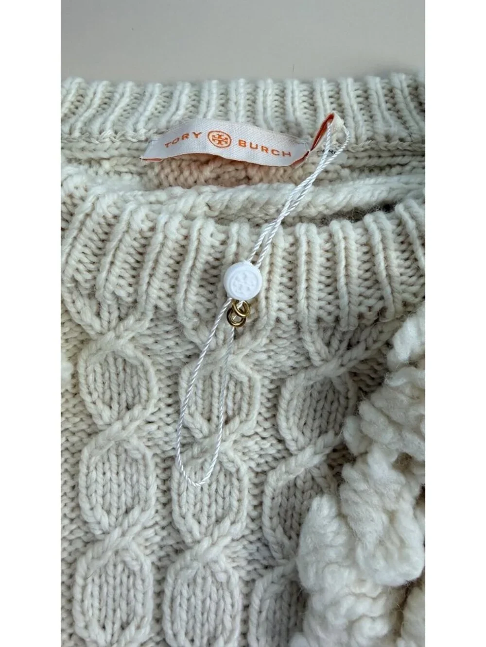 Tory Burch Kendra Fringe Cable Knit Sweater Cream Womens M Crewneck